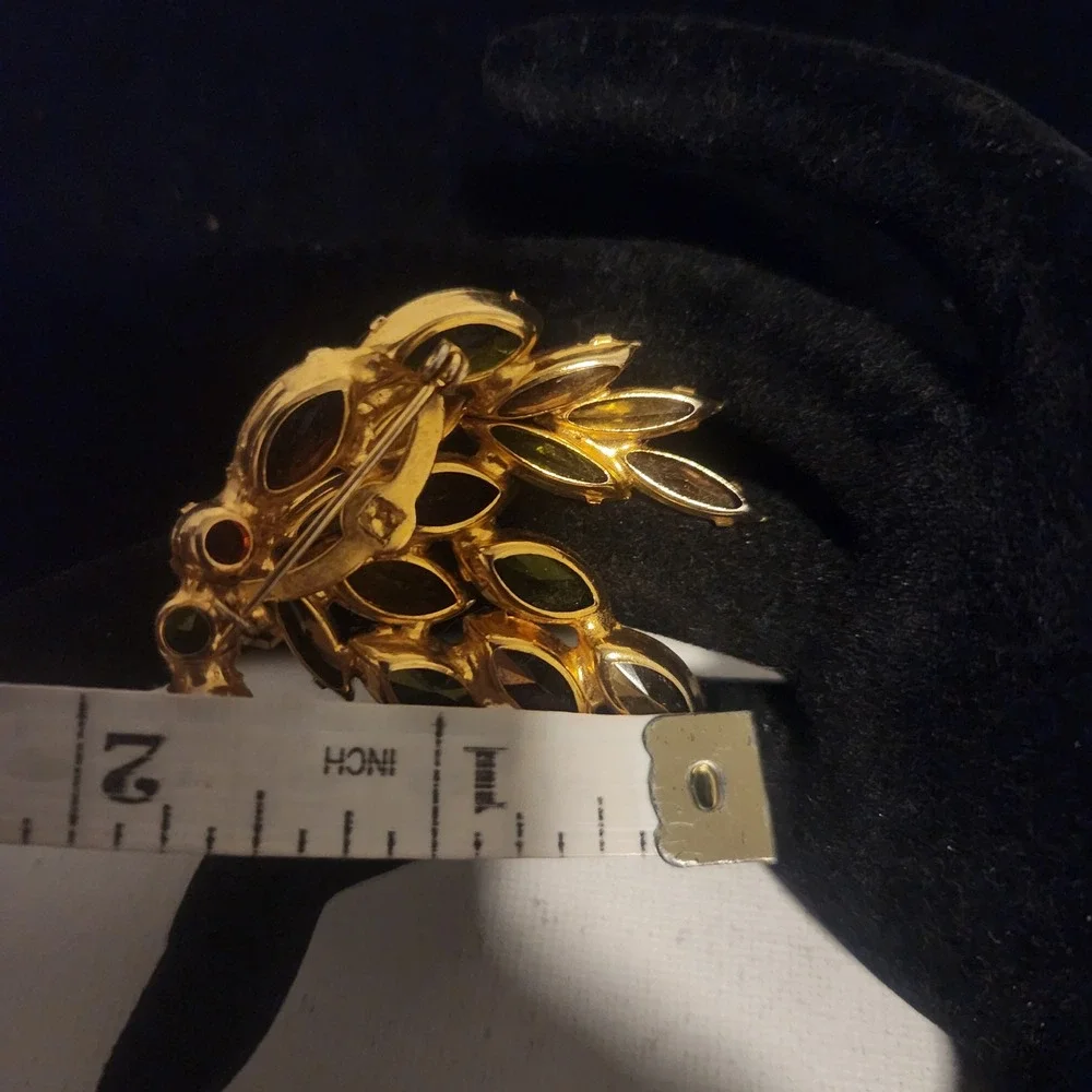 Vintage Amber Green Orange Rhinestone Layered Brooch Gold Tone Autumn Fall Jewel